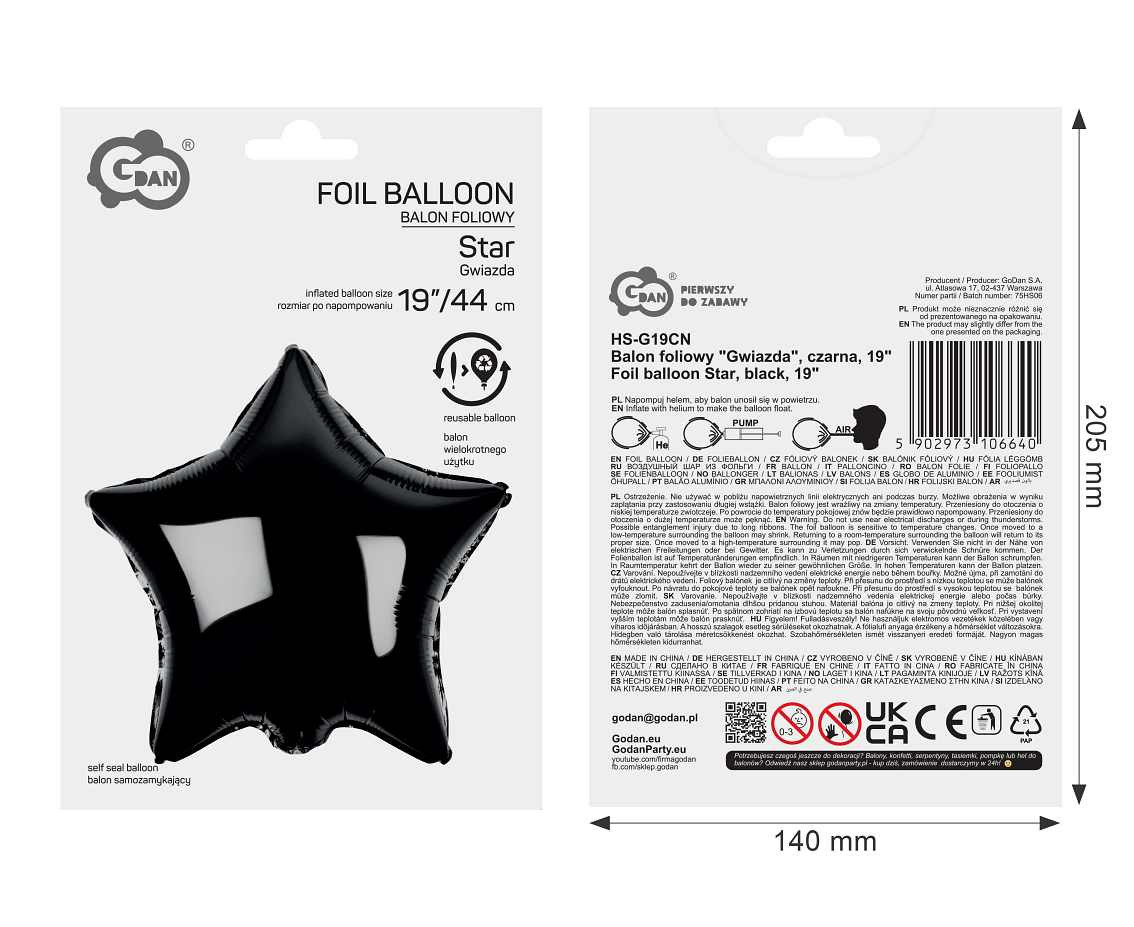 Foil balloon Star, black, 18"